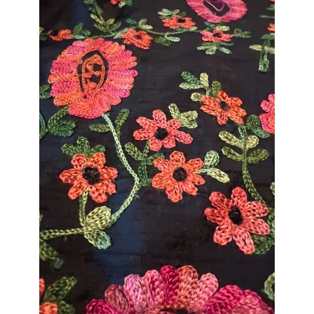 Laura Ashley Floral Embroidered Silk Jacket M Black Multicolor Cottage Core Boho
